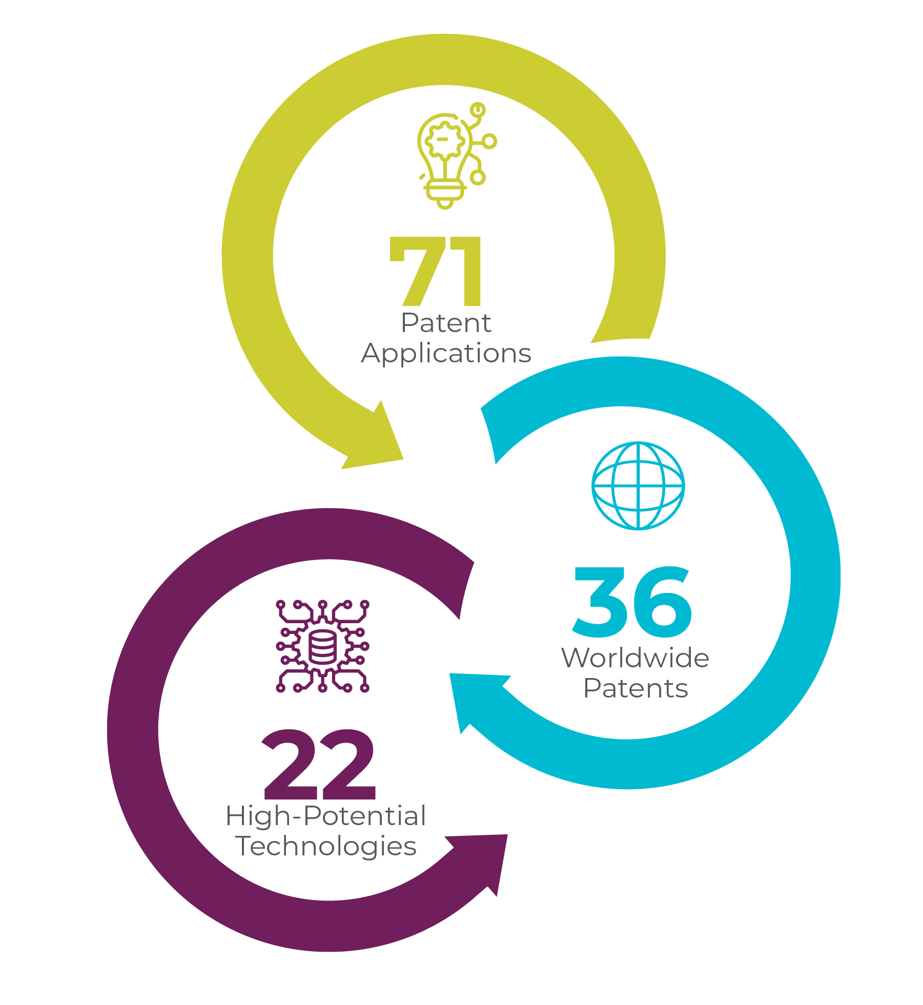71 Patent Applications, 36 Worldwide Patents, 22 High-Potential Technologies